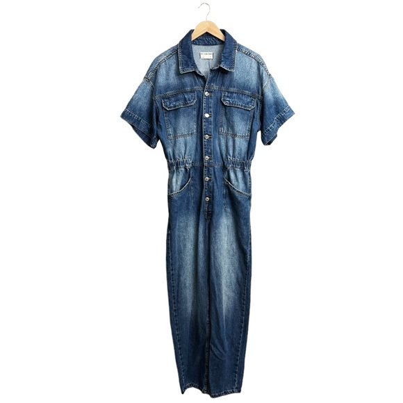 NWT Free People Marci Denim Coveralls Short Sleeve Jumpsuit High Noon - Picture 2 of 8